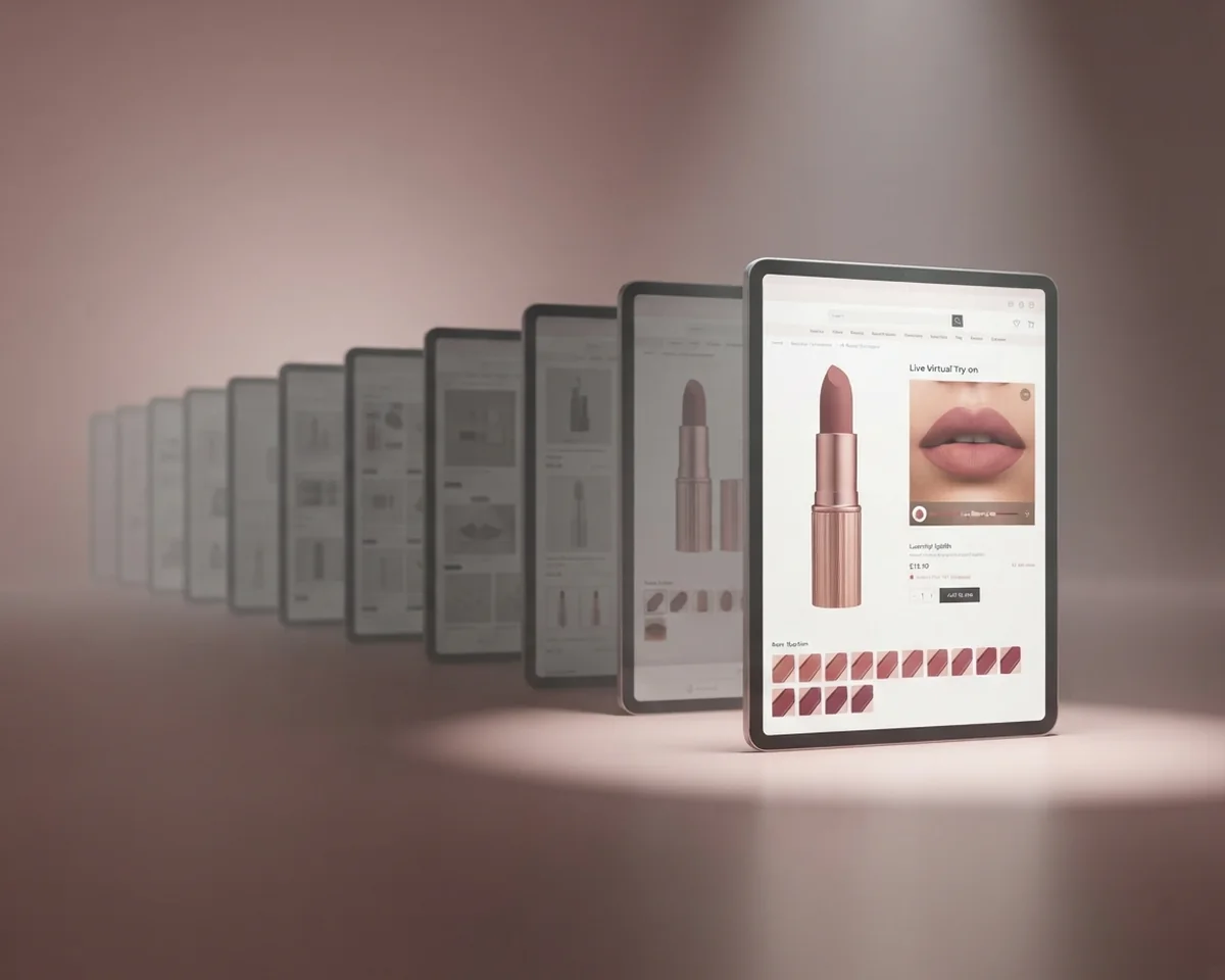 A row of generic store screens fading into haze, with a beauty product page lit and sharp at the front