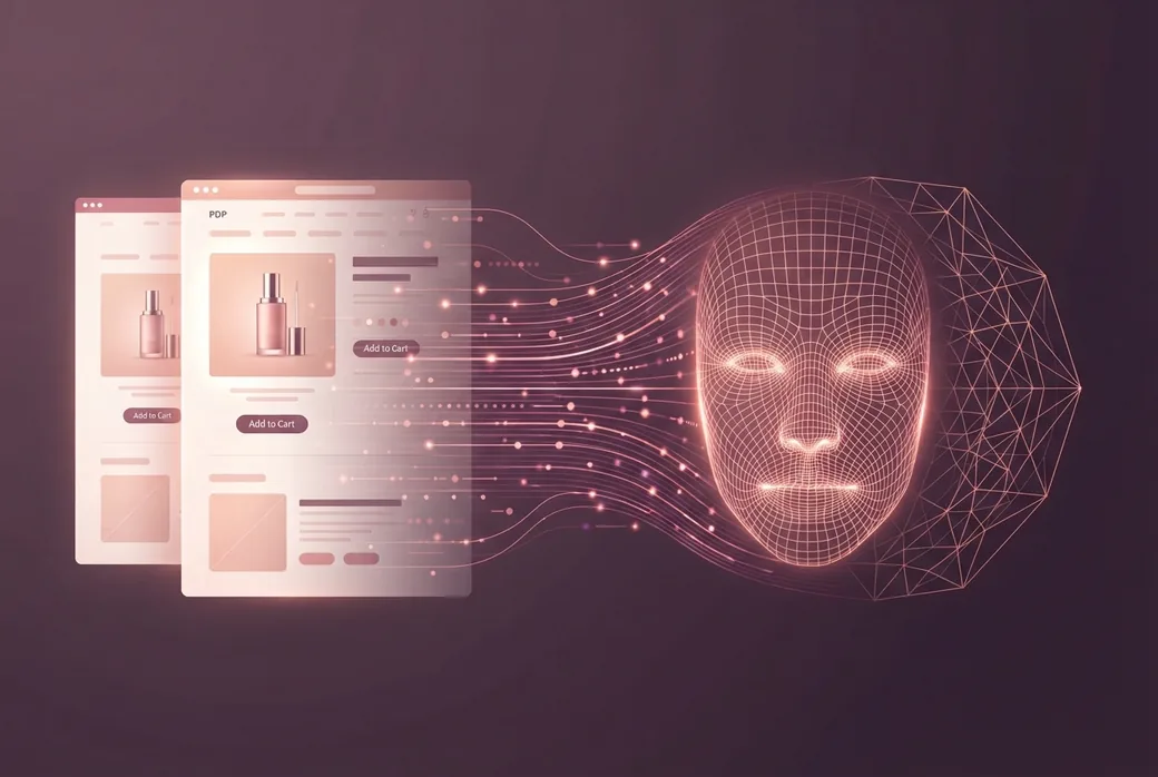 Store product pages flowing into a beauty AI face mesh