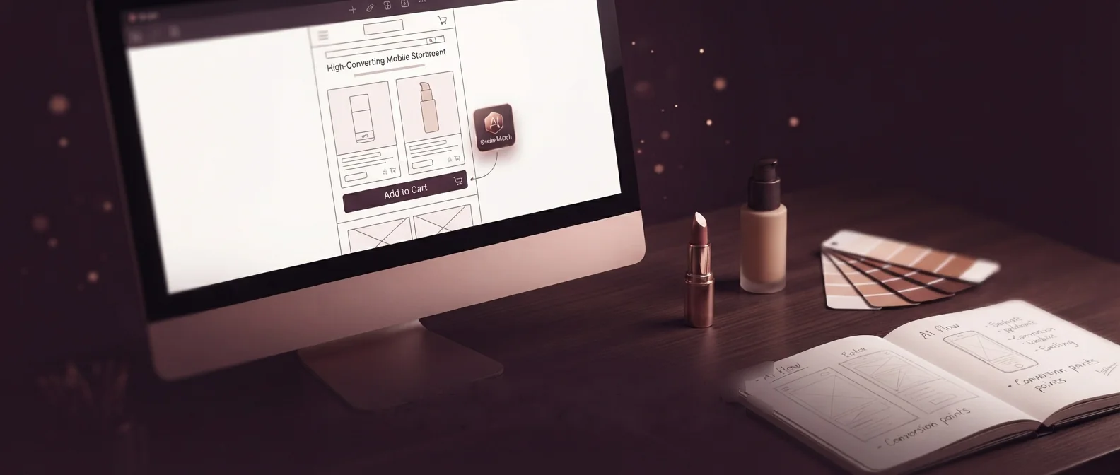 A designer's desk with a beauty storefront in progress, lipstick, foundation and a shade fan