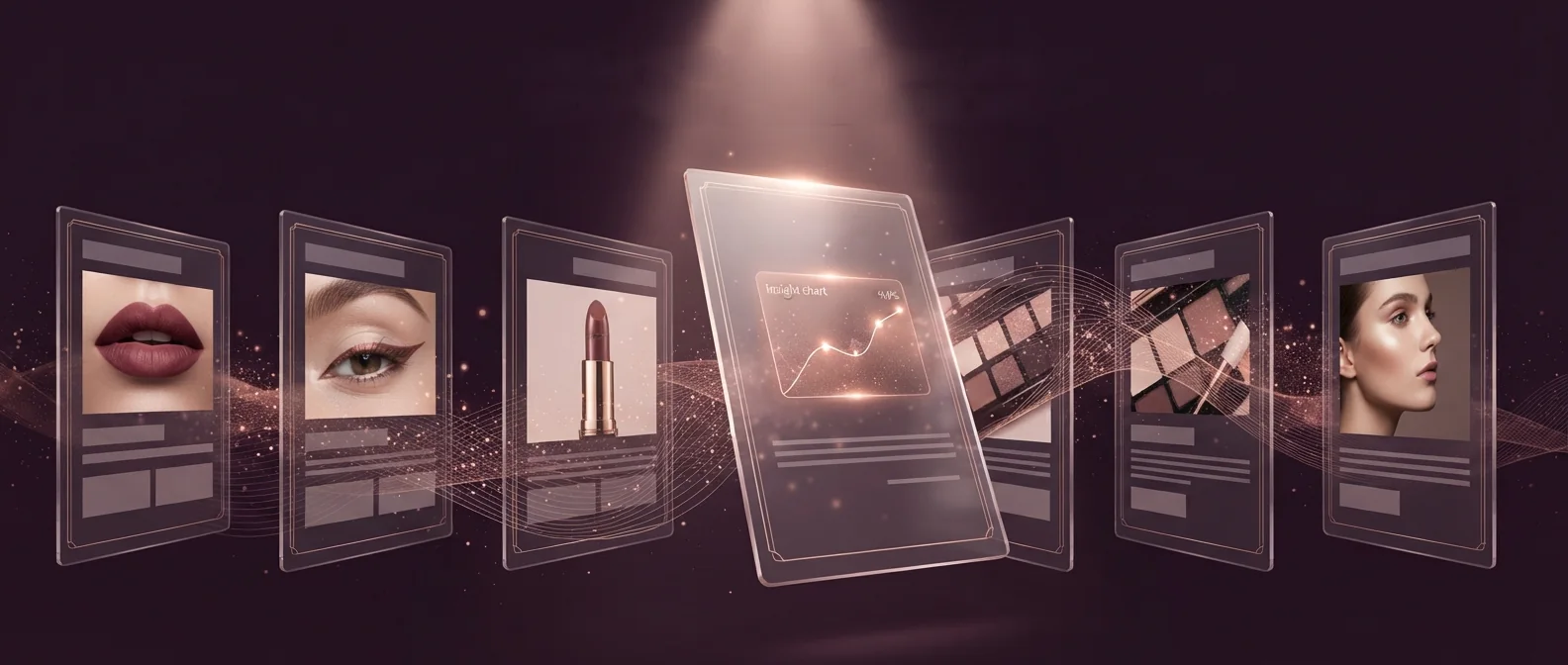 A fanned row of beauty commerce guides with one insight chart lit at the centre