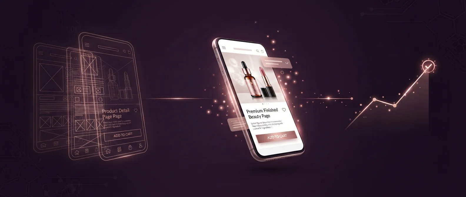 A store wireframe becoming a finished beauty product page, beside a rising conversion curve