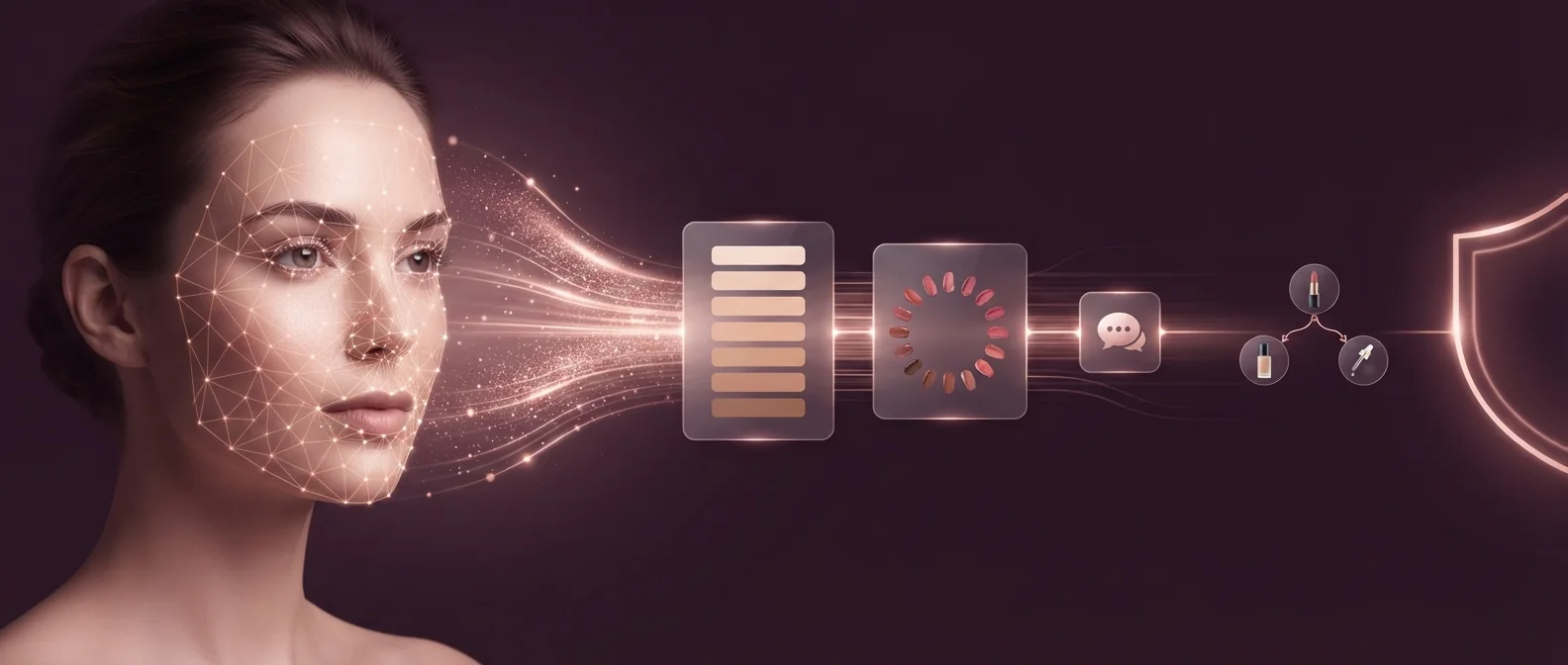 A face with an AI landmark mesh feeding shade matching, try-on swatches and a chat agent