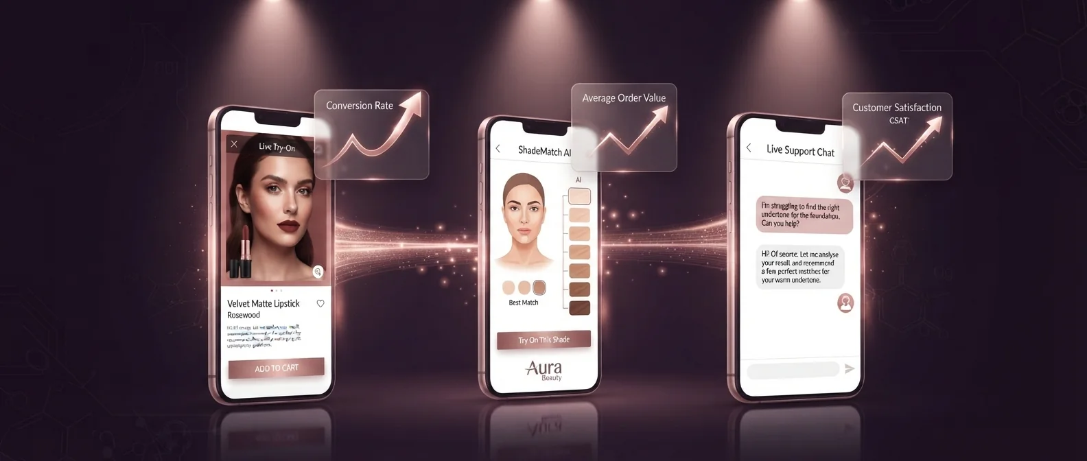 Three beauty store screens with conversion rate, average order value and satisfaction rising