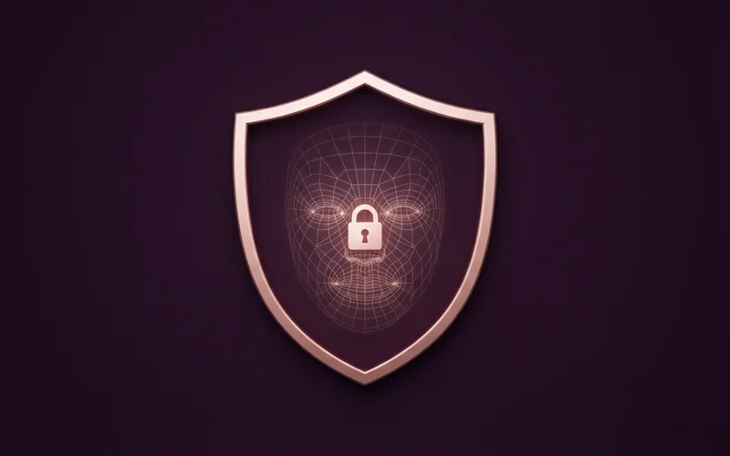 A shield containing a facial landmark mesh and a closed padlock