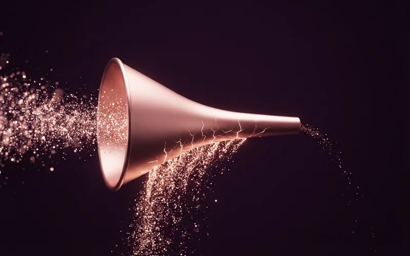 A funnel leaking light particles, with only a thin stream reaching the end