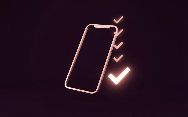 A phone outline beside a column of glowing checkmarks