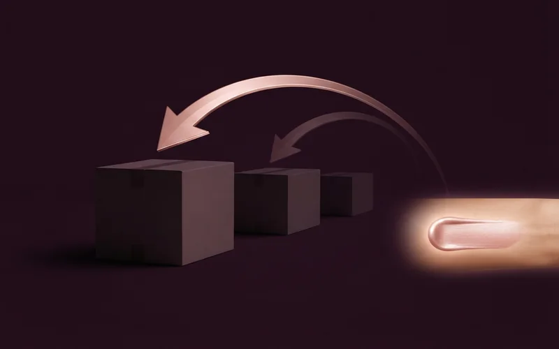 Shipping boxes receding as a return arrow fades away beside a lipstick swatch
