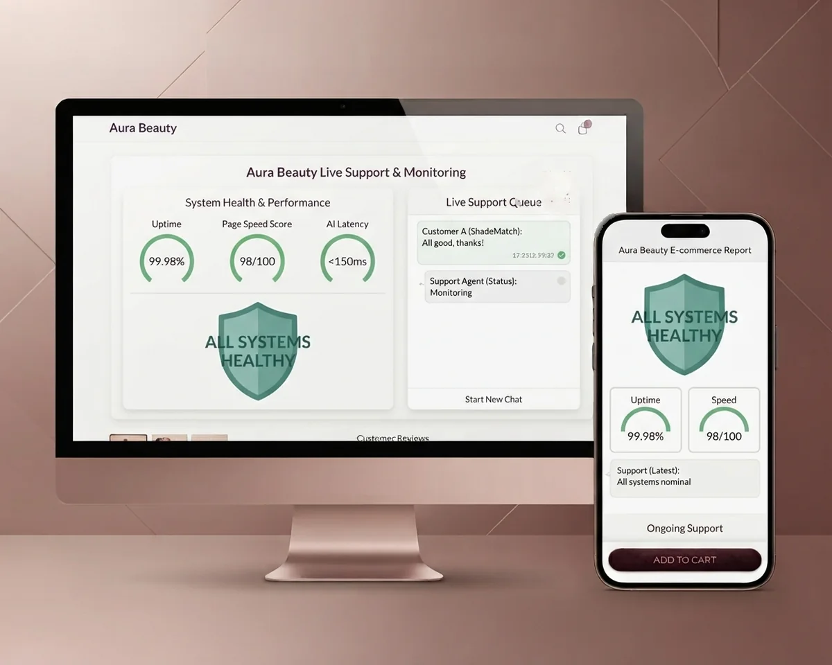 A monitoring dashboard showing uptime, page speed and an all-systems-healthy status