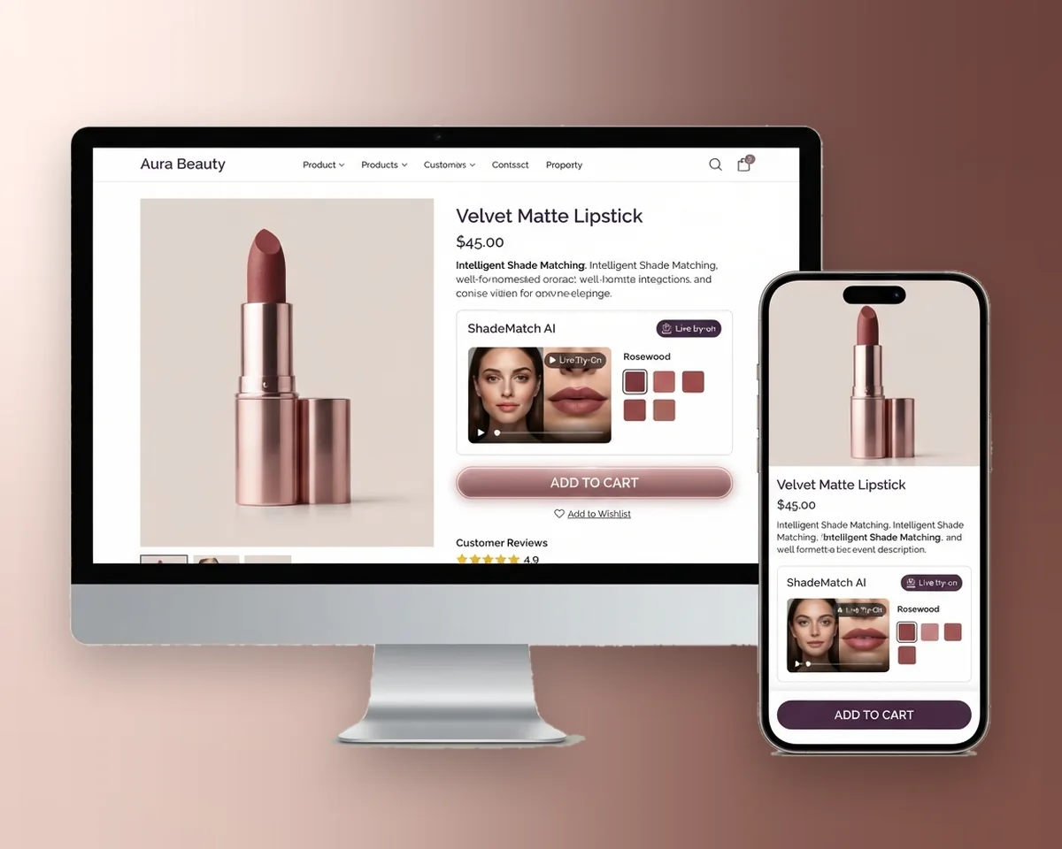 A beauty product page shown on desktop and mobile with a live try-on module