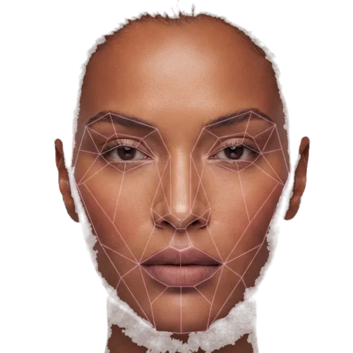 A beauty portrait with a subtle facial-analysis mesh and a small skin-tone palette beside it