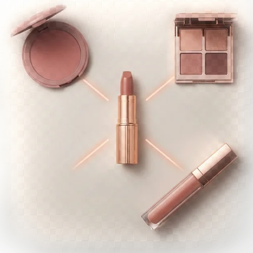 A beauty model with recommended lipstick, blush and eyeshadow products arranged around her