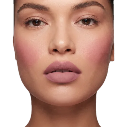 A shopper's face with a virtually applied lip and blush shade