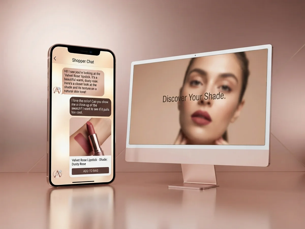 A shopper chat where the AI assistant answers a shade question with a close-up swatch