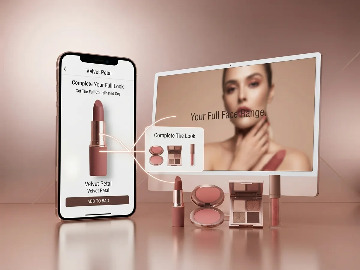 A lipstick page linked to a coordinated blush, eyeshadow palette and gloss set