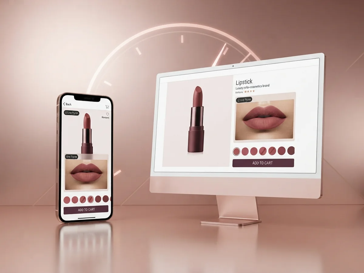 A rebuilt lipstick product page on phone and desktop with live try-on and shade swatches